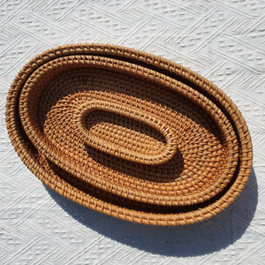 Handwoven Natural Rattan Oval Tray Set 3 Pieces Decorative Wicker <b>Basket</b> For Kitchen Table Coffee Table Organizer - Product Image 2