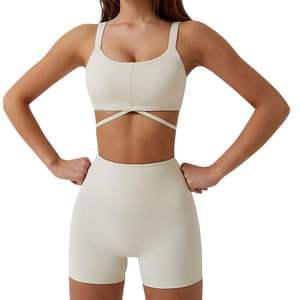 Conjunto de pantalones cortos de Sujetador deportivo de dos piezas de cintura alta para mujer, ropa deportiva acolchada sin costuras, conjuntos de entrenamiento de Yoga, gimnasio, correr y Fitness - Product Image 4