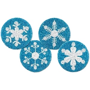 Round Beaded <b>White</b> with Blue Plain Handmade <b>Coaster</b> Set of Four Pieces Table Decor Item - Product Image 2