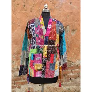 Peignoir court en coton tissé à la main pour femme, veste longue Kantha d'hiver, ethnique, vente en gros - Product Image 4