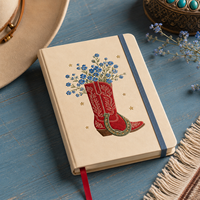 Carnet de notes LABON personnalisé en similicuir crème, motif botte de cowboy brodée, fer à cheval doré, motif « Ne vous oubliez pas », élastique bleu marine et ruban rouge