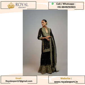 Nuevo Vestido Largo Anarkali Negro de Georgette con Bordado Pesado de 5mm y Dupatta - Product Image 6