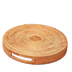 Plateau de service rond en rotin tissé, artisanal, avec poignées, vente en gros - Product Image 6