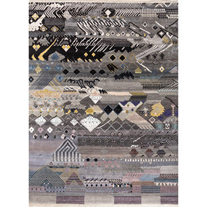 Tapis Manchaha 9x12 noué à la main en laine et soie de bambou, motif géométrique, pour salon et couloir, Les-2470 Gris et Noir - Product Image 1