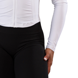 Veste sculptante zippée intégrale pour femme, en dentelle blanche, à manches longues, coupe ajustée, pour le yoga, la gym et les loisirs sportifs - Product Image 6