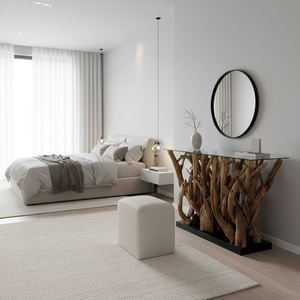 Table console en bois de teck naturel de qualité supérieure avec dessus en verre artistique rustique et miroir, luxueuse et fabriquée à la main pour l'entrée ou le couloir - Product Image 3