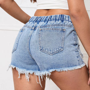 Pantalones cortos de mezclilla rasgados a la moda para mujer con dobladillo crudo y cintura con cordón Borla Agujero Pantalones cortos de mezclilla para mujer - Product Image 5