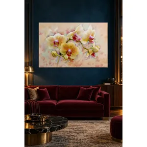 Impression sur toile Fida Pastel avec fond jaune et branche d'orchidée - Product Image 2