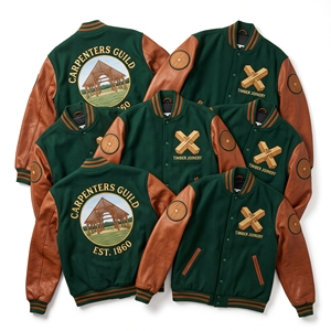 Chaqueta Varsity de Lana Directa de Fábrica, Abrigo Letterman Marrón, Bordado de Carpintería, Mangas de Cuero Beige, Estilo Bomber - Product Image 2