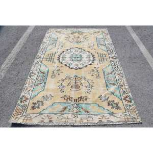 Alfombra de lana Vintage, diseño de retales amarillo y azul, alfombra rectangular de 5,1x7,8 pies para sala de estar, látex de felpa para el suelo del hogar para el pasillo - Product Image 1