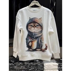 Sweat-shirt respirant à col rond avec imprimé chat, en tissu tricoté brossé 3 fils - Product Image 1