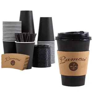 Custom Reciclável Eco-Amigável Dupla Camada Descartável Impresso Bebida Chá Café Copo De Papel Preto Com Tampa E Luva