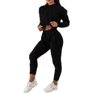 Wholesale Premium <b>Women</b> Custom Logo Premium 100% Cotton Fleece Zipper Crop <b>Hoodie</b> and Jogger Training Tracksuit - Product Image 6