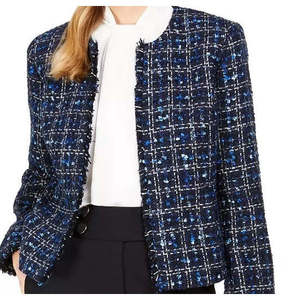 Calvin Klein Women's Reversible Tweed Frayed-Edge <b>Jacket</b> Blue Size 8-Solid <b>Pattern</b> <b>Quilted</b> Bomber Varsity Sheep Skin Custom - Product Image 3