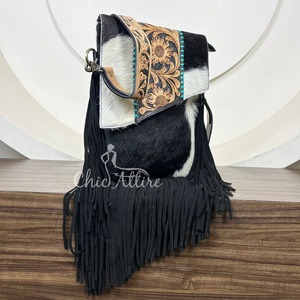Women's Genuine Cowhide Leather Crossbody Bag With Western Style Fringe Zipper Closure Nylon Lining Tooled Leather Sling Purse - Product Image 1