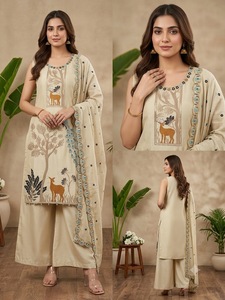 Wholesale Indian Ethnic Wear Designer Embroidered Kurta Palazzo Dupatta Set Women 3 Piece Suit Peacock Handwork Party Wear - Product Image 2
