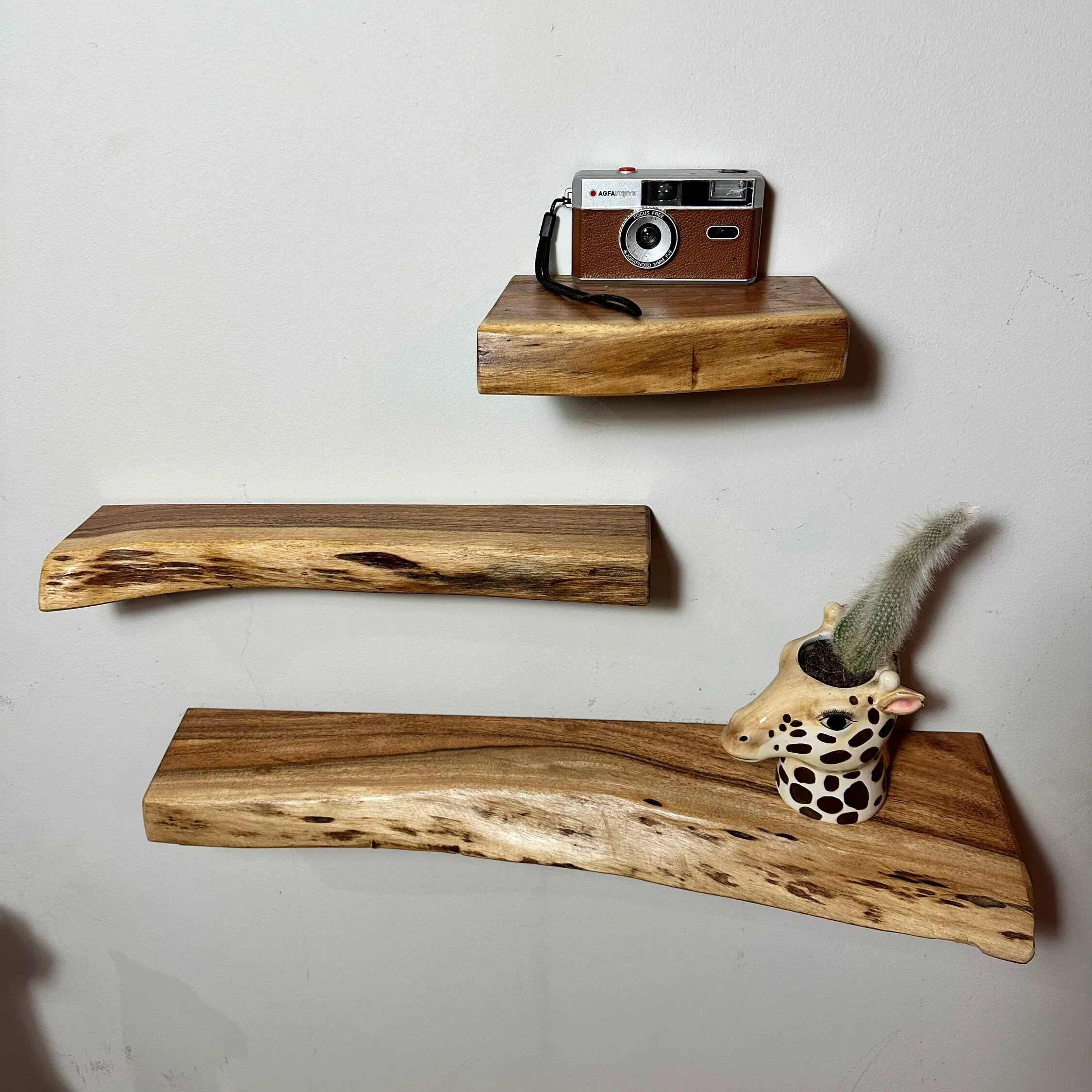 Floating Wood Wall Shelf Hidden Bracket Natural Burn Marks Handcrafted Irregular Design Adjustable Multifunction Modern Home by KAJAL INDUSTRIES