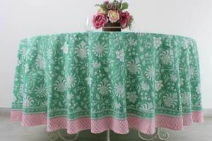 Mint Green and Pink Handmade Indian Floral Cotton <b>Tablecloth</b> Hand Block Printed with Border for <b>Parties</b> and Events - Product Image 4