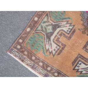 1.6x3.3 ft Vintage Small Rug, <b>Brown</b> Green Turkish Animal Print <b>Wool</b> Rug - Product Image 5