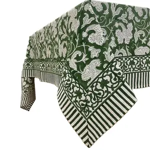 Pantone Artichoke Green And White Indian Floral Hand Block Printed Cotton Cloth Tablecloth Table Cover Farmhouse Wedding Events