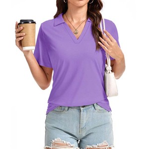 Polo Morado para Mujer, Manga Corta, Color Sólido, Ropa Casual, Tejido de Punto, 100% Poliéster, Largo Regular - Product Image 4