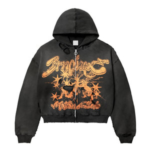 Acid Wash Hoodie 100% Cotton Distressed Men Streetwear Zipper Heavyweight <b>Applique</b> Vintage Embroidered Rhinestone Hoodie - Product Image 2