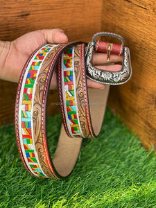 เข็มขัดหนังแท้สำหรับผู้ชายและผู้หญิง, เข็มขัดลายดอกไม้ทำด้วยมือแบบตะวันตกเข็มขัดคาดเอวหนังแท้ - Product Image 2