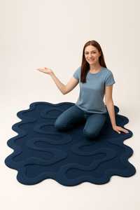 Tapis bleu ondulé abstrait moderne-Tapis tufté texturé 3D pour salon et chambre à coucher | Tapis de forme organique irrégulière Sol de designer - Product Image 3