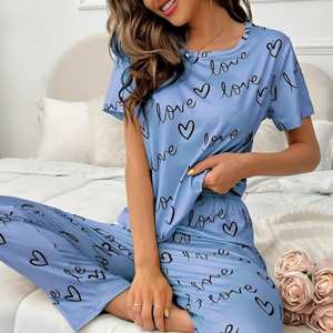 Conjunto de pijama y camiseta de manga corta con estampado de amor azul cielo para mujer (CN-PNW-015) - Product Image 1
