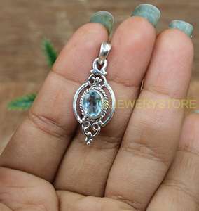 Pendentif ovale en argent sterling 925 avec topaze bleue, filigrane fait main |   Charme de bijoux en pierre précieuse naturelle avec bordure en corde vintage pour femmes - Product Image 5