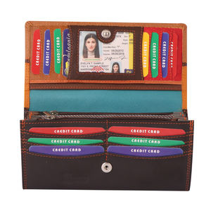 Cartera triple de cuero genuino personalizada para mujer con cierre de botón Forro de algodón Clip de dinero para varias tarjetas Embrague de cuero de longitud larga - Product Image 6