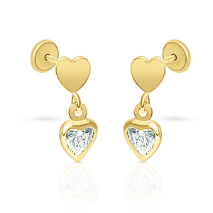 Boucles d'oreilles pendantes en or massif 9 carats en forme de cœur (disponibles en 10K-14K-18K) pour femmes, enfants et jeunes filles, avec fermoir à vis, fabriquées en Espagne - Product Image 1