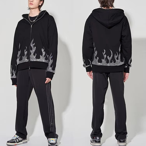 เสื้อฮู้ดผ้าหนามีฮู้ดผ้าเฟรนช์เทอร์รี่สำหรับผู้ชายโอเวอร์ไซส์แบบกำหนดเองมีซิปด้านหน้าประดับพลอยเทียม - Product Image 4