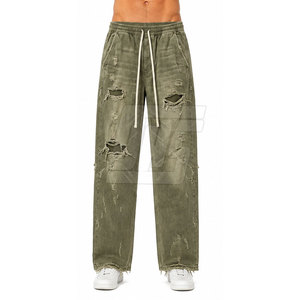 Fashion Distressed Pants <b>Men</b> Ripped Washed <b>Trousers</b> <b>Drawstring</b> Waist Relaxed Cotton Streetwear Casual Everyday Bottoms - Product Image 3