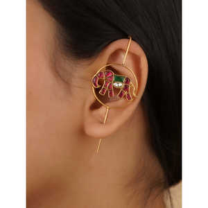 Pendientes de Aro Jadau Kundan con Base de Metal Chapada en Oro Multicolor, Diamantes y Perlas, Un Par, Joyería Moderna para Bodas y Fiestas-TK-EAR20M - Product Image 1