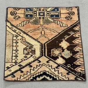 Turkish Vintage Rug, 1.8x1.8 ft Small Rug, <b>Brown</b> Beige Southwestern <b>Wool</b> Rug - Product Image 1