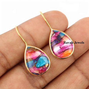 Customized 925 Sterling <b>Silver</b> <b>Hoop</b> Earring Jewelry For Women Gold Plated Jewelry Pear Shape Natural Turquoise Pyrite Gemstone - Product Image 5