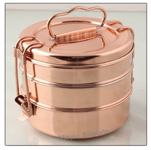 Caja Tiffin de latón Fiambrera Tiffin de cobre Diseño maravilloso Forma redonda Caja Tiffin de picnic de cobre con asa al por mayor - Product Image 3