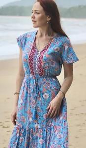 Robe Maxi en coton imprimé à la main pour femmes, vêtements d'été indiens - Product Image 3