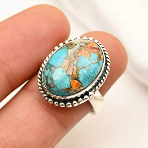 Hermoso bohemio de moda 925 Plata de Ley 10x14mm anillo ovalado Natural ostra cobre turquesa piedra preciosa joyería fina para mujer - Product Image 5