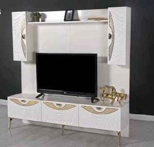 Soporte de TV minimalista moderno de lujo de madera maciza con mesa de vidrio para el hogar, oficina, sala de estar, dormitorio o comedor - Product Image 2