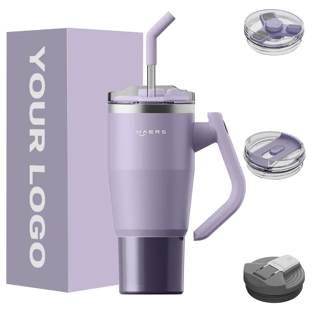 HAERS Tasse métallique sous vide de couleur Offre Spéciale Tasse de voyage en acier inoxydable 40oz Gobelets isolés avec couvercles et poignée rotative en paille