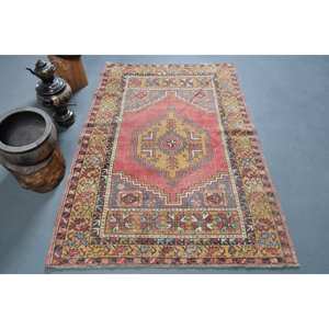 Tapis turc vintage rouge jaune Patchwork Design grande surface 3.9x5,9 pieds en laine avec support en latex pour couloir chambre à coucher - Product Image 1