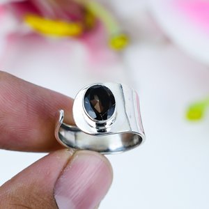 แหวนแต่งงานเงินสเตอริงทำด้วยมือ925อัญมณีสโมคกี้ธรรมชาติพร้อมตัวเรือนชุบเงินวินเทจเทคโนโลยีการตั้งค่า - Product Image 1