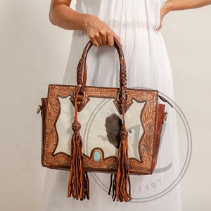 Handmade Large Cowhide Tote <b>Shoulder</b> Bag Genuine Leather with Tooling Patch Mid Hairon <b>Straps</b> Portable Feature Matching Design - Product Image 4