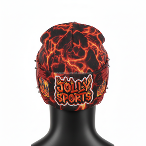 Bonnet d'hiver pour femme, tissu doux au toucher en polyester et élasthanne à grammage élevé 190, broderie motif feu, logo personnalisé, bonnet jacquard - Product Image 2