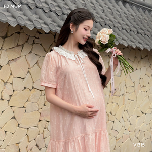 Venta al por mayor vestido de maternidad de seda Rosa V1315 ropa floral absorbente de sudor detalle de cuello de encaje estampado de lazo para mujeres embarazadas - Product Image 4