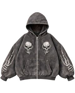Sweat à capuche surdimensionné en molleton de coton gris foncé délavé à l'acide avec impression de double crâne et motif de manche squelette, style streetwear - Product Image 1