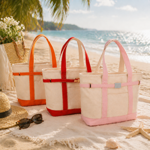 Bolsa Grande de Lona com Detalhes Contrastantes e Fecho de Zíper Superior, Ideal para Compras, Presentes, Viagens, Praia e Barco, com Bolso Frontal - Product Image 1