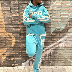 Custom Logo Acid <b>Wash</b> Flare Sweatpants And Hoodie Set Jogging Tracksuit Adults For <b>Men</b> With Distress Applique Two Piece Set - Product Image 2